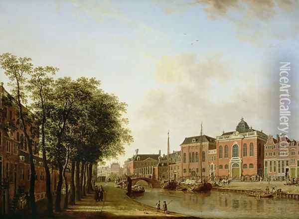 The Houtegracht, now the Jonas Daniel Meijerplein, Amsterdam, with the Ashkenazi Synagogues, the Arsenal, the Portuguese Synagogue and Sailing Barges Oil Painting - Jan ten Compe