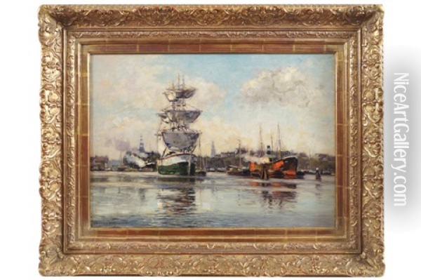 Boats In The Harbour Oil Painting - Heinrich Hermanns