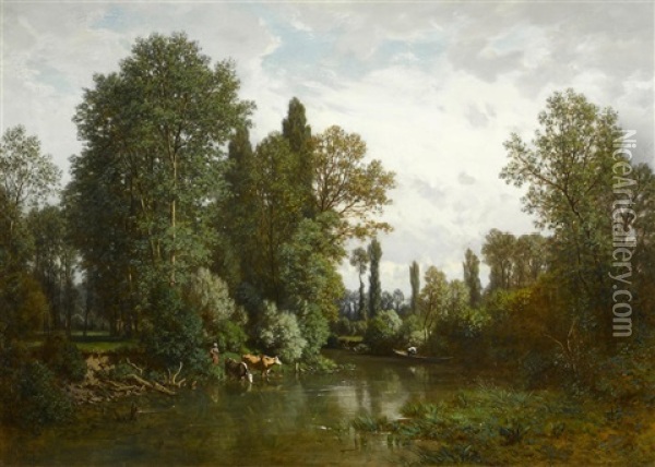 An Idyllic View Of The Seine Oil Painting - Louis Hector Pron