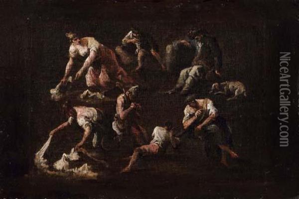 Capriccio Con Lavandaie, Fanciullo, Viandante A Riposo E Altre Figure Oil Painting - Alessandro Magnasco