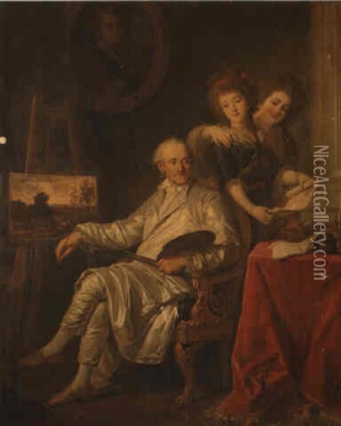 Portrait Of The Comte De Cromot, With His Two Daughters-in-law Oil Painting - Antoine-Francois (Calet) Callet