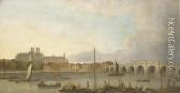 Westminster Abbey, Hall And Bridge From The Lambeth Bank Of Thethames Oil Painting - William Marlow