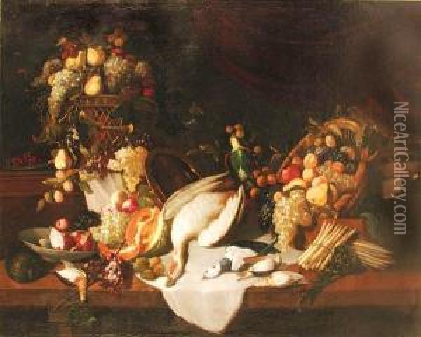 Natura Morta Con Ceste
Di Frutta, Stoviglie E Cacciagione Oil Painting - Baldassare De Caro