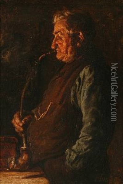 An Older Gentleman Smoking A Pipe Oil Painting - Cilius (Johannes Konrad) Andersen