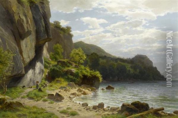 At The Lake Shore Oil Painting - Otto Frolicher