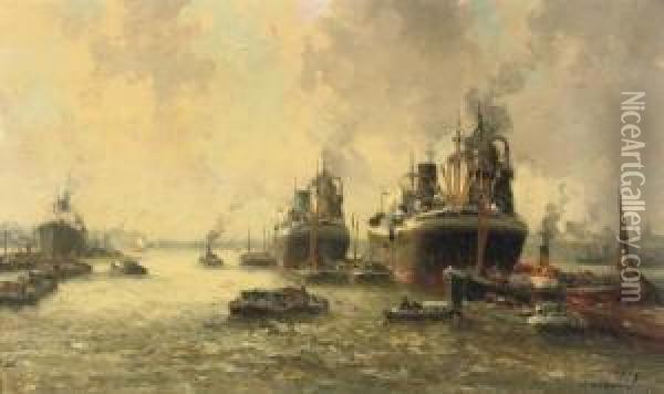 Steamers Arriving At The Port Of Rotterdam Oil Painting - Gerardus Johannes Delfgaauw