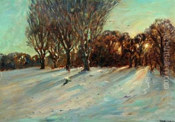Wintry Landscape With Deer In The Sunrise Glow Oil Painting - Hans Mathias Halten Dall