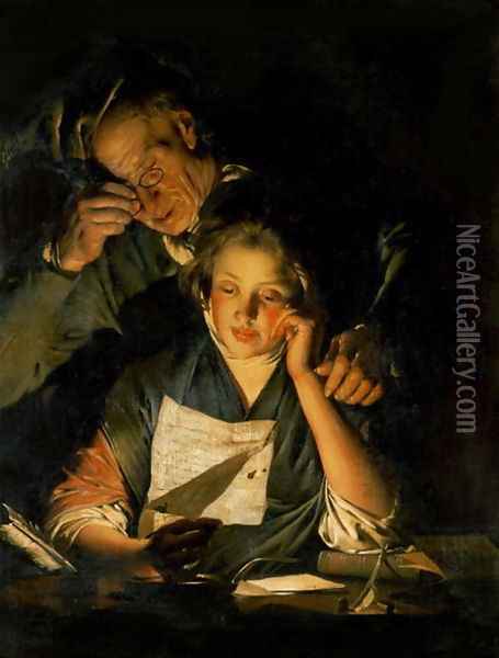 A Girl reading a Letter, with an Old Man reading over her shoulder, c.1767-70 Oil Painting - Josepf Wright Of Derby
