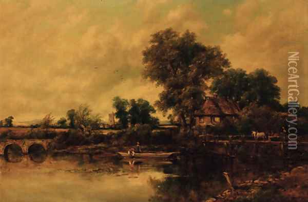 An extensive wooded river landscape with figures in a punt and a horse and cart on a bridge, a village beyond Oil Painting - Frederick Waters Watts