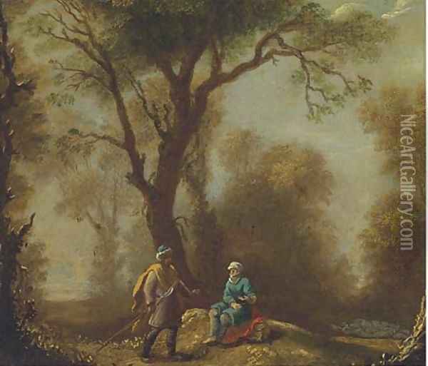 A woodland clearing with travellers on a path Oil Painting - Franz Ferg