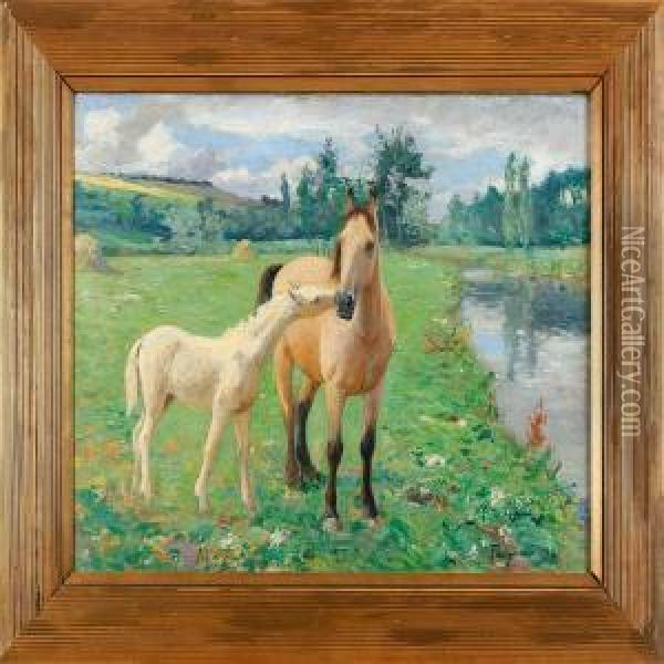 A Mare With A Foal In Asummer Ladscape Scenery Oil Painting - Carl Tragardh