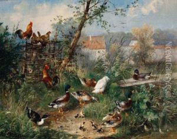 Ducks And Chickens In A Farmyard Oil Painting - Julius Scheurer