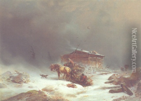 Peasants And A Horse-drawn Sledge In A Snowstorm Oil Painting - Carl Hilgers