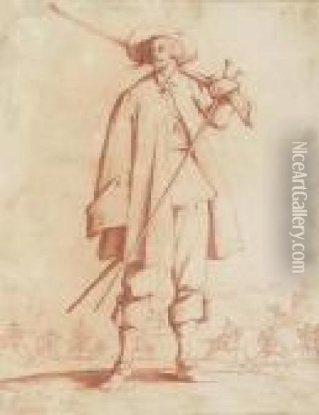 Standing Foot Soldier With Long Gun, Cavalry Battle Inbackground. Oil Painting - Jacques Callot