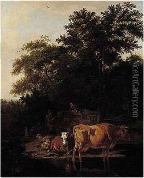 A Landscape With Two Shepherds, Cattle And Sheep Resting By A Stream Oil Painting - Adrian Van De Velde