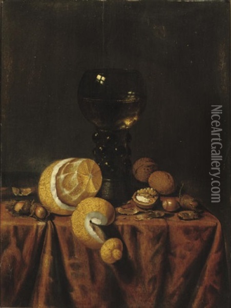 A Roemer Of White Wine, A Partially Peeled Lemon, Walnuts And Hazelnuts, All On A Draped Table Oil Painting - Edward Collier