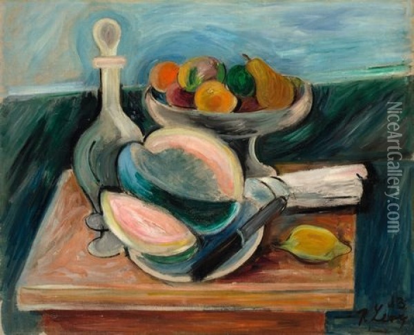 Stilleben Mit Fruchtschale, Melone Und Karaffe Oil Painting - Rudolf Levy
