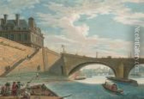 Vue Du Palais Des Tuileries Et 
Du Pont Royal Depuis La Seine, Des Personnages Au Premier Plan Oil Painting - Jean-Baptiste Lallemand