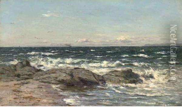 Waves Crashing Against A Rocky Coastline Oil Painting - Joseph Henderson