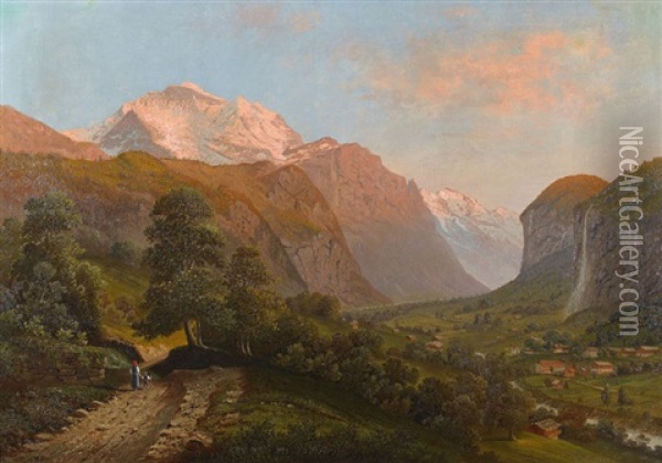 Lauterbrunnental Mit Der Jungfrau Im Abendrot Oil Painting - Alfred Duenz