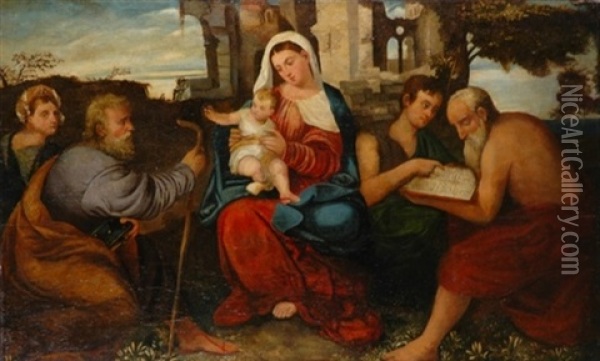 Madonna And Child With Saints And Donors Oil Painting - Jacopo Palma il Vecchio