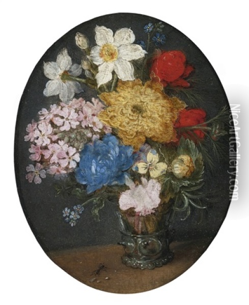 Narcissi, Chrysanthemums, Roses, Forget-me-nots, A Sprig Of Rosemary And Other Flowers In A Roemer With An Ant On A Table Oil Painting - Jan Brueghel the Elder