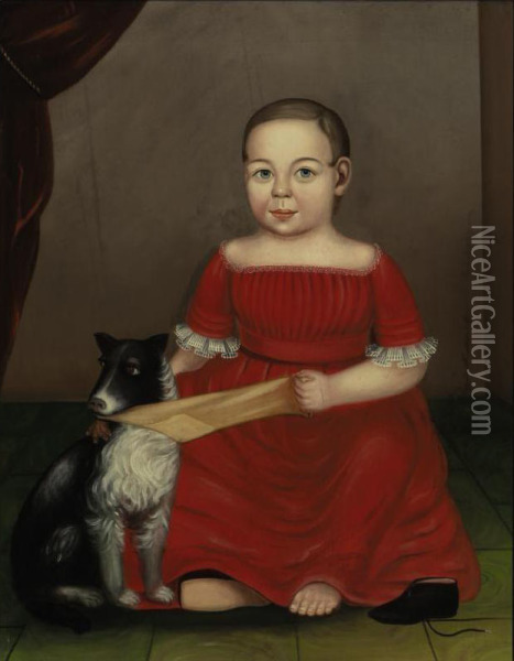 Portrait Of A Child In Red; Dog Pulling A Yellow Stocking Oil Painting - Milton William Hopkins