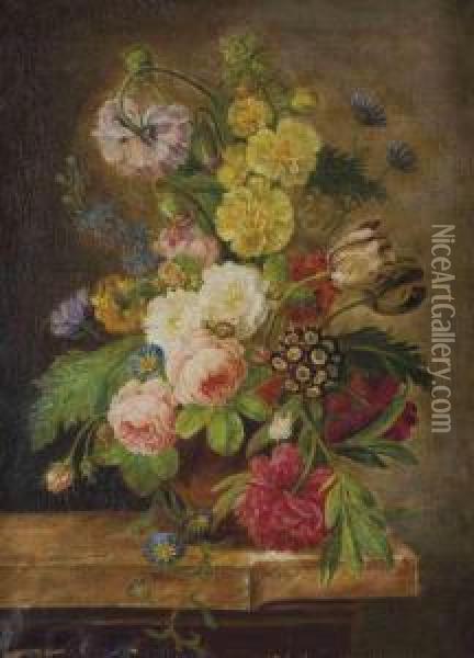 Vase Avec Pivoines, Roses Et 
Tulipes, Liserons Et Autres Fleurs Sur Un Entablement En Marbre Oil Painting - Jan van Os