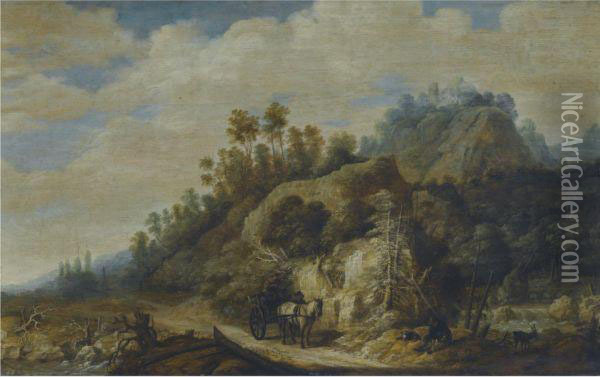 A Mountainous Landscape With Figures Walking Along A Path With Ahorse And Cart Oil Painting - Joachim Govertsz. Camphuysen