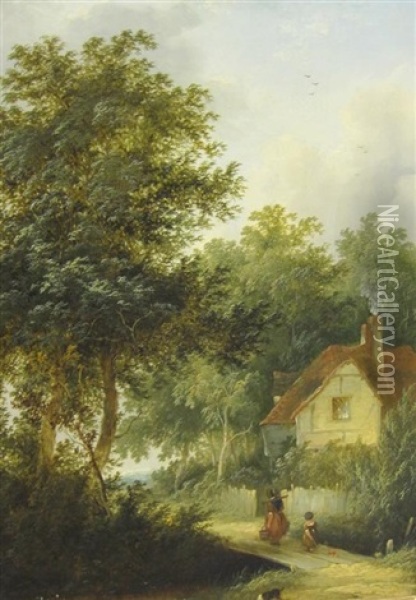 Figures Crossing A Footbridge By A Cottage Oil Painting - Edward Williams