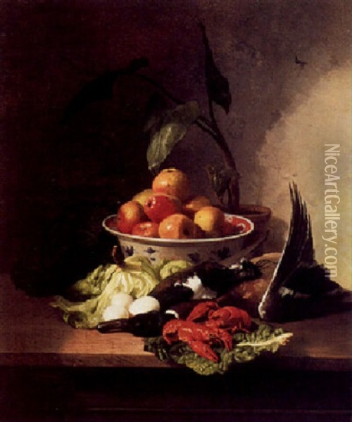 A Still Life With Lobster, Poultry, And Fruit In A Porcelain Bowl Oil Painting - David Emile Joseph de Noter