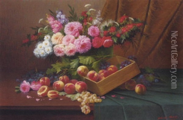 Summer Flowers With A Box Of Peaches And Grapes On A Draped Table Oil Painting - Modeste (Max) Carlier