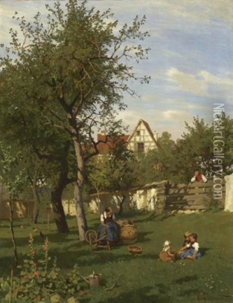 Woman At A Spinning Wheel With Children Playing In The Garden Oil Painting - Hugo Darnaut