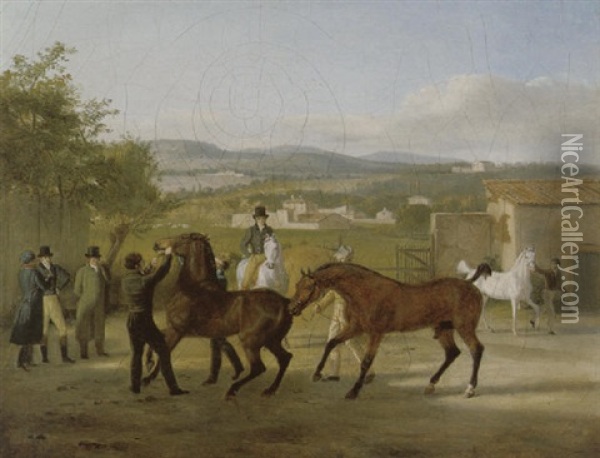 A Stableyard With Horses Oil Painting - Jacques-Laurent Agasse