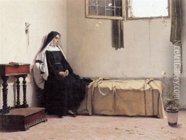 Ung Nonne Fordybet I Tanker Pa Sit Kammer Oil Painting - Luigi Busi