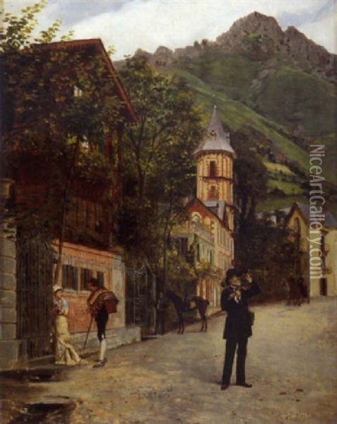 Village Anime Dans Les Dolomites Oil Painting - Auguste de (Breley) LaBrely