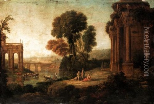 Classical Landscape With Arcadian Figures Before Ruins Beside The River Oil Painting - Claude Lorrain