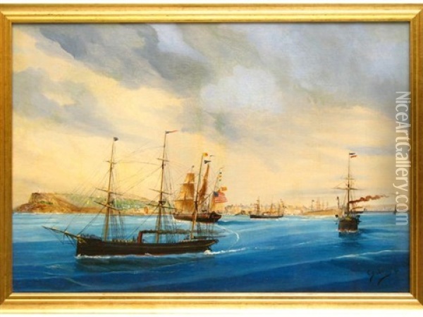 Navires Espagnol Et Americain En Rade Du Havre Oil Painting - Cheri Francois Marguerite Dubreuil
