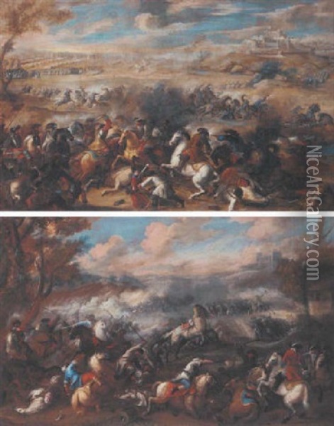 A Cavalry Skirmish In An Extensive Landscape Oil Painting - Jacques Courtois