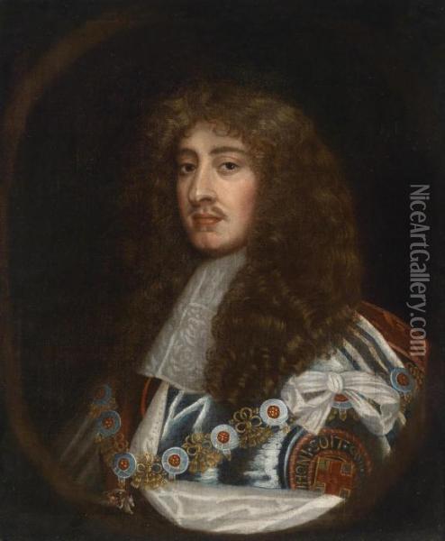 Portrait Of King Charles Ii Of England With The Regalia Of The Order Of The Garter Oil Painting - Sir Peter Lely
