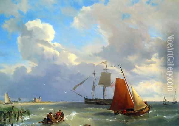 Shipping in a Choppy Estuary Oil Painting - Johannes Hermanus Koekkoek Snr