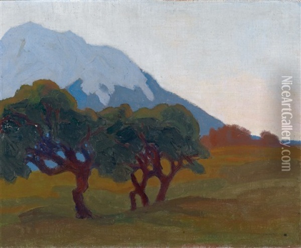 Landschaft Mit Baumen Im Hintergrund Ein Blauer Berg Oil Painting - Artur Nikodem