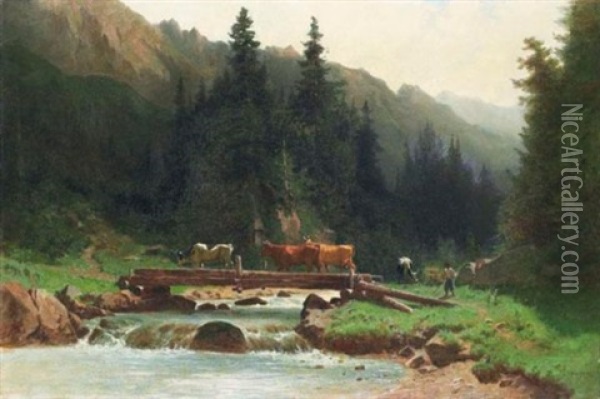 Vaches Au Ruisseau En Montagne Oil Painting - Gustave Eugene Castan