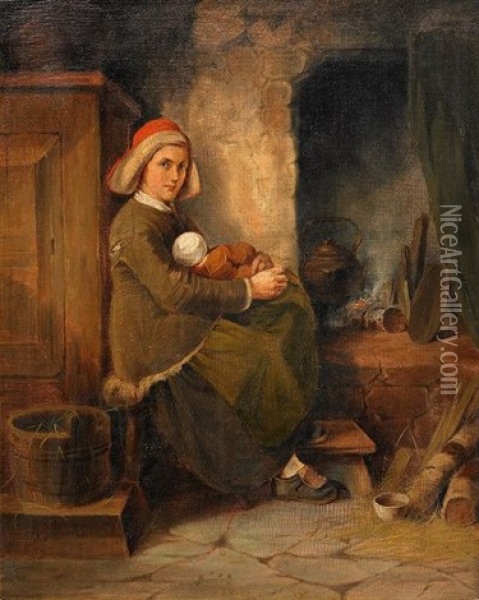 Vid Harden - Interior Med Mor Och Barn Oil Painting - Anders Gustav Koskull