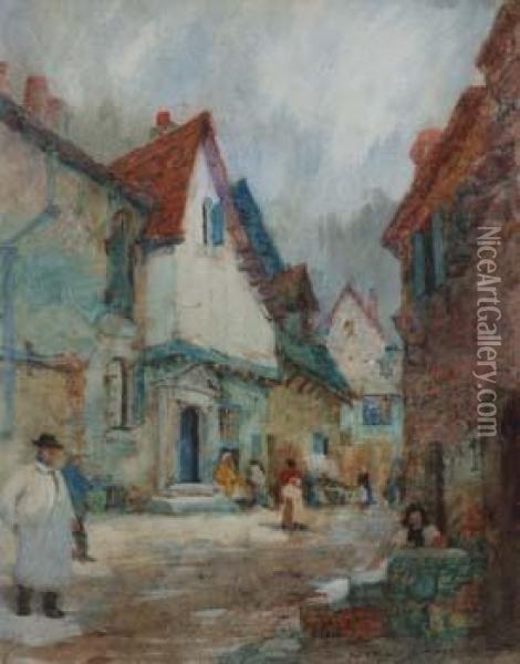 Street Scene With Figures Oil Painting - Oswald Garside