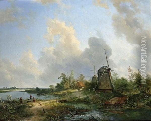 Anglers Near A Windmill In A Summer Landscape Oil Painting - Pieter Lodewijk Francisco Kluyver