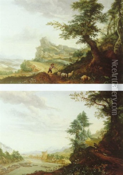 A Mountainous River Landscape With A Shepherd And His Flock Oil Painting - Egbert Marinus Frederik de (d'Ivoy) Hangest