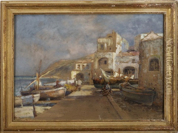 Mediterranean Harbor Scene Oil Painting - Prosper Louis Senat