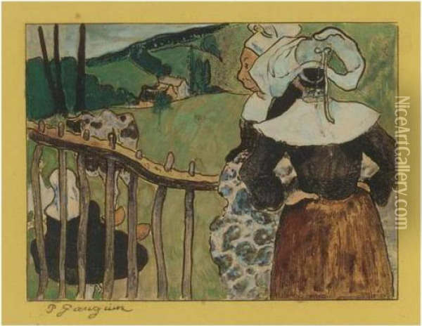 Bretonnes A La Barriere (guerin 4; Mongan/kornfeld/joachim 8) Oil Painting - Paul Gauguin
