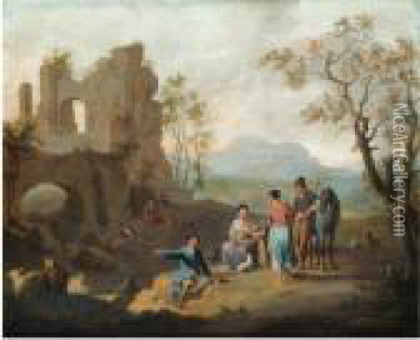 An Italianate Landscape With 
Travellers Resting Near Ruins And A Shepherd Tending His Flock Near A 
Stream Oil Painting - Franz Ferg